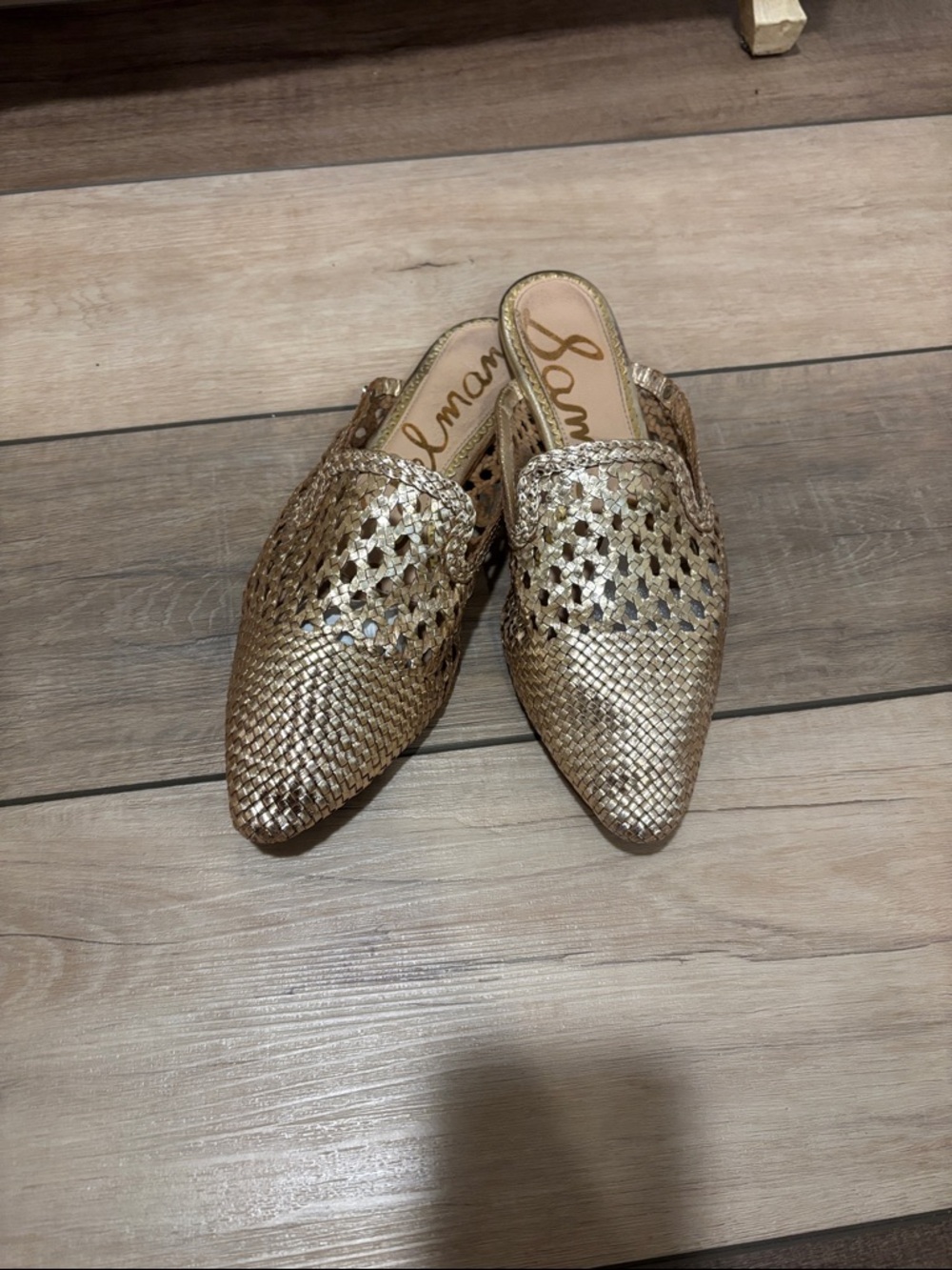 Sam Edelman Metallic Gold Woven Pointed-Toe Mules